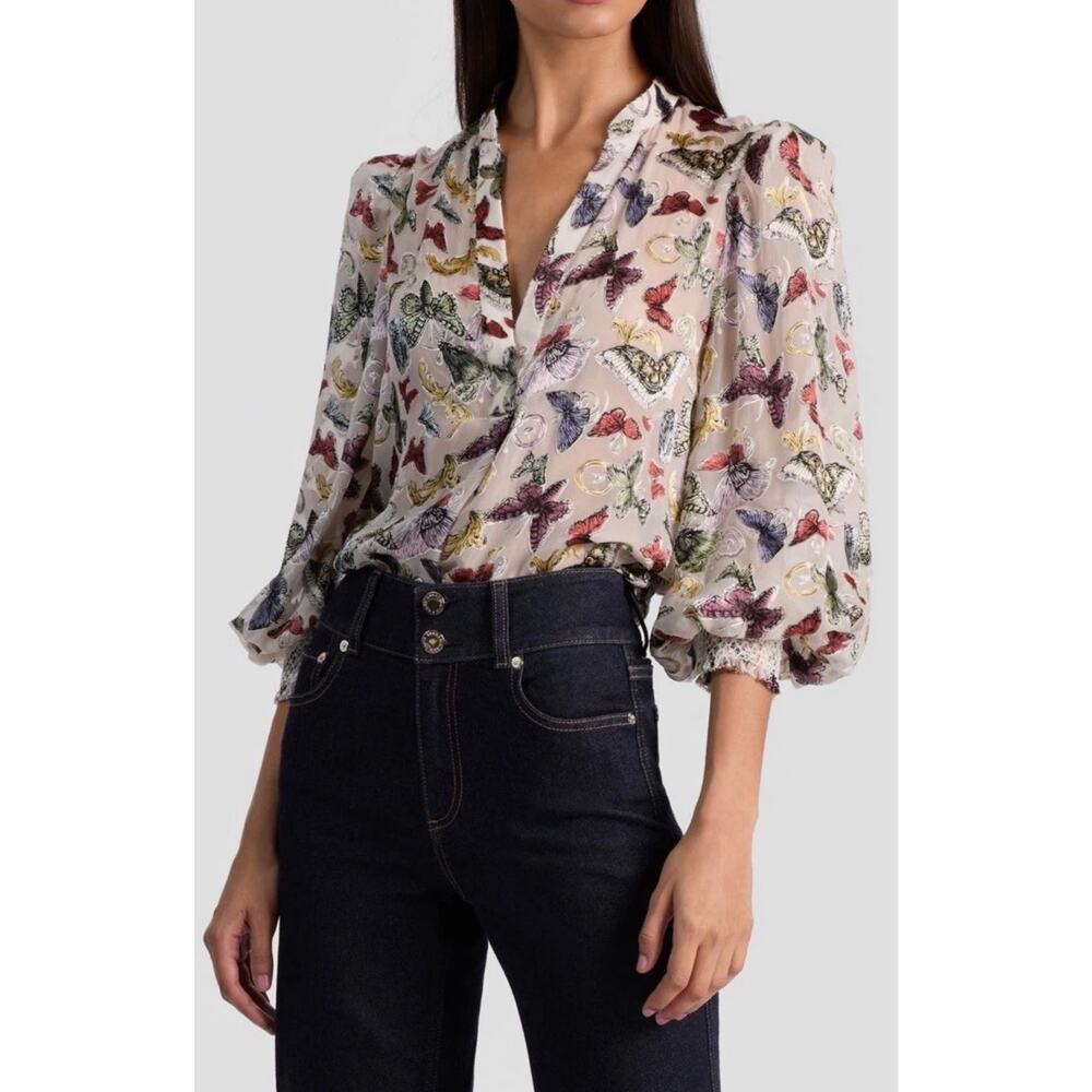 Alice & Olivia Sz S Silk Butterfly Print Blouse Sheer Work Puff Sleeves V Neck